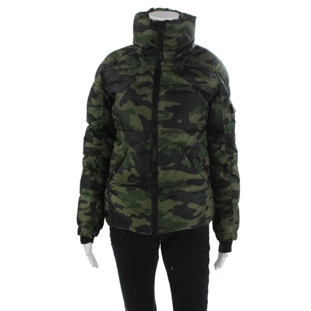 S13 NYC Womens Military Puffer Jacket Black Camouflage High Neck Zip Size XS